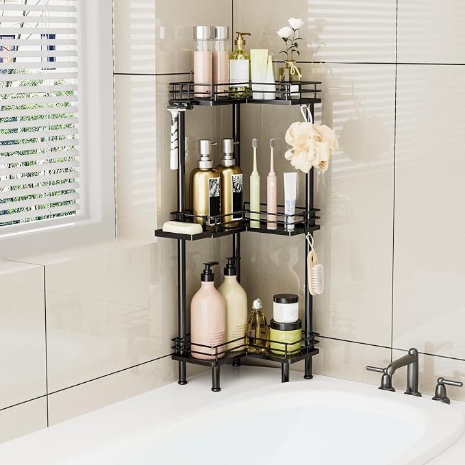 Consumest Corner Shower Caddy Standing - 3-Tier Stainless Steel Shower Organizer with Soap Holder and 4 Hooks, Large Capacity Corner Shelf Stand for Bathroom, Rest Room, Black - Image 7