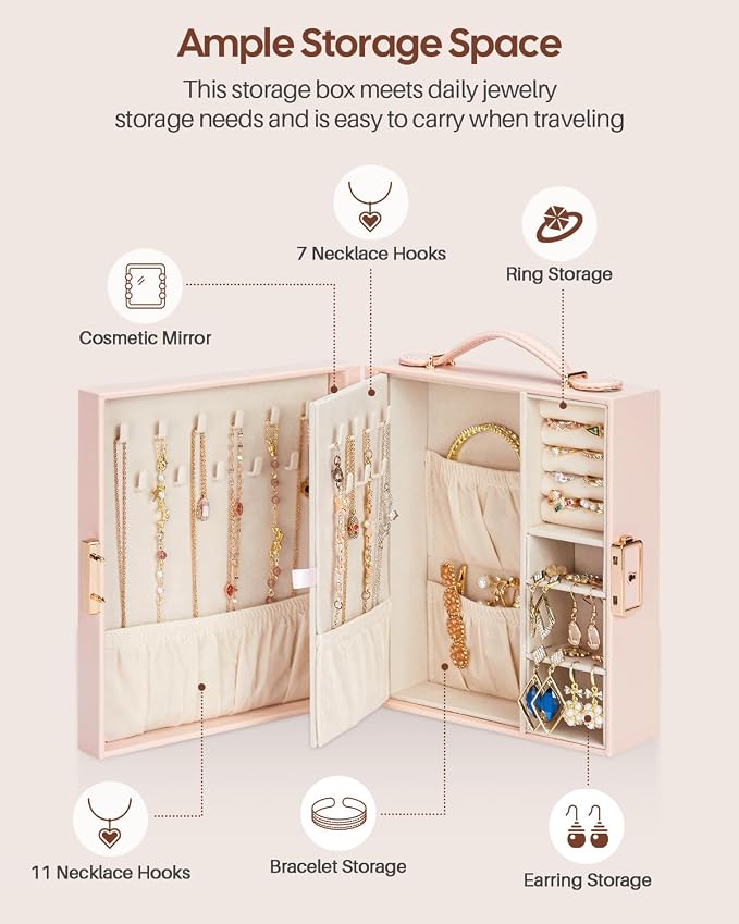 Enthralite Large Travel Jewelry Case: Portable Necklace Box with Mirror - PU Leather & Velvet Lined Jewelry Organizer for Ring Earring Bangle Bracelets Watch - Birthday Gift for Her - Image 4
