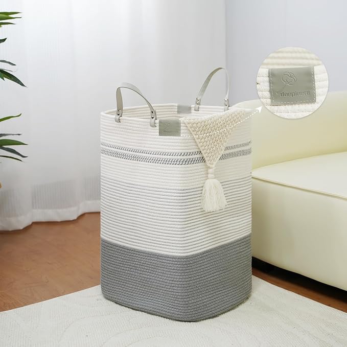 danpinera 75L Woven Laundry Hamper with Long Leather Handles, Baby Laundry Basket for Nursery, Tall Hampers for Bedroom Aesthetic, Decorative Clothes Storage Basket for Family White & Gray - Image 2