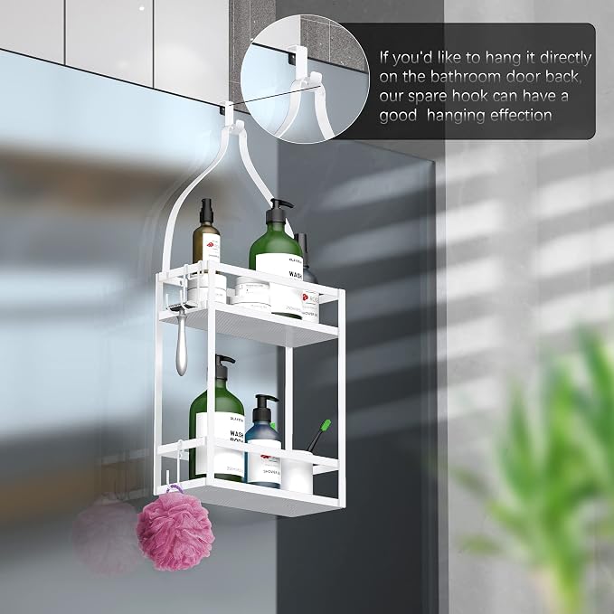 Meangood Shower Caddy 10.4" x 4.5" x 22.04" Hanging Shower Caddy Organizer Over Shower Head Big Capacity for Shampoo, Conditioner with Hooks for Razor/Sponge, White - Image 2
