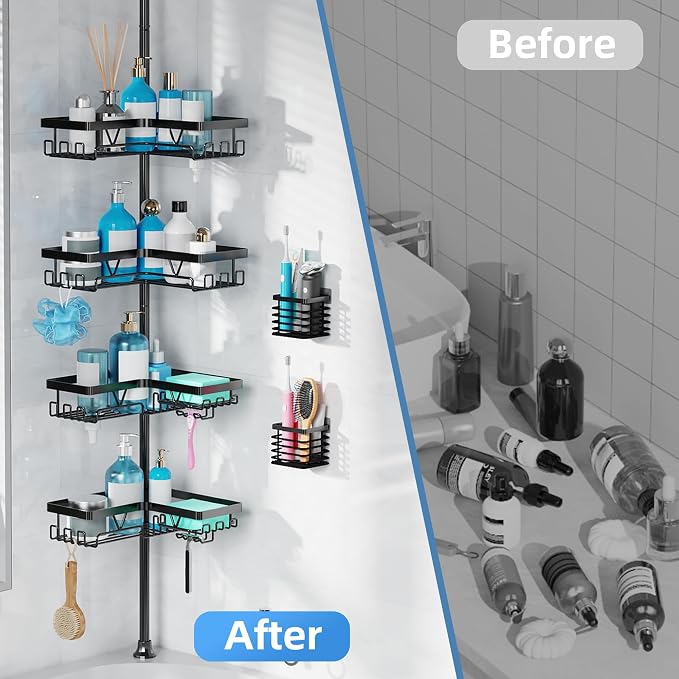 KEGII Set of 2 Wall Mount Toothbrush Holders with Tension Pole Shower Caddy, Rustproof Bathroom Organizer with Soap Holder & Hooks, 4 Adjustable Shower Shelves for Renters, 25-114.2 inch Black - Image 7