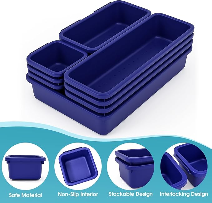 10 PCS Drawer Organizer Set, 4 Size Makeup Drawer Divider Organizer With Non-Slip Pads, Interlocking Plastic Storage Bins for Office,Jewelry Vanity,Gadgets, Bathroom,Kitchen, Navy - Image 3