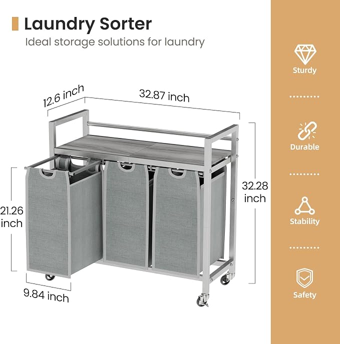 SwaaVee Laundry Hamper, Laundry Basket, Laundry Sorter with 3 Removable Bags, Clothes Basket with 3 Compartments, Wheels, Shelf for Laundry Room Bathroom Bedroom (3 Bags-Gray) - Image 2
