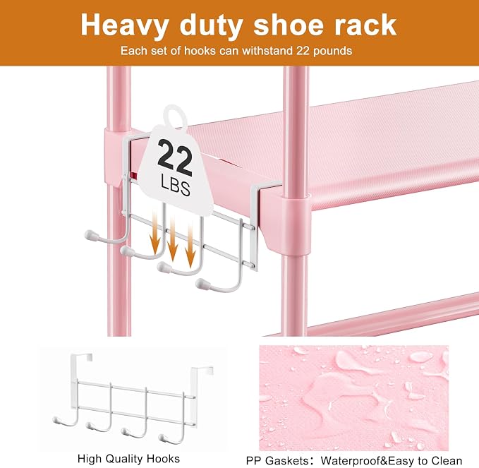 WOWLIVE 9 Tiers Large Shoe Rack White Shoe Rack Organizer for Closet 50-55 Pairs Stackable Heavy Duty Shoe Shelf Shoe Storage with Metal Pipes Plastic Pink - Image 6