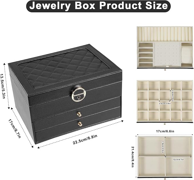 3-Layer Jewelry Box for Women, Jewelry Organizers and Storage with Removable Jewelry Tray, Vintage Quilted Top Lockable Jewelry Holder Gift Idea Black - Image 2