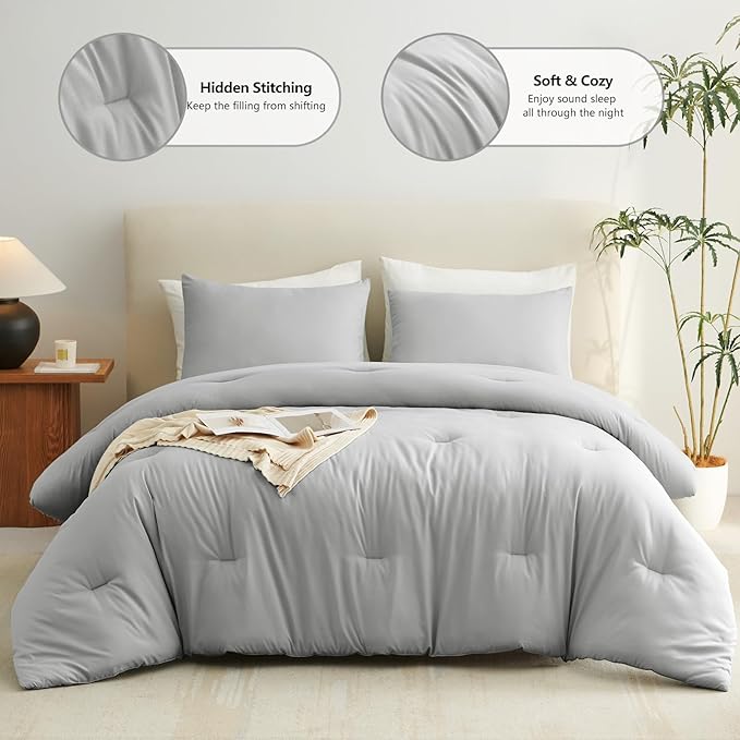 CozyLux Queen Comforter Set Light Grey, 3 Pieces Solid Comforters Queen Size Breathable Bedding Sets, Light Gray Luxury Soft Lightweight Bed Set with Down Alternative Comforter and 2 Pillowcases
