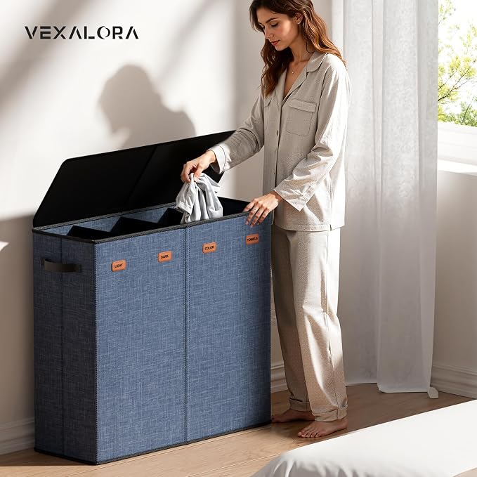 Laundry Hamper 4-Section with Lid, 185L Laundry Sorter with 4 Removable Bags + 1 Extra Large Bag, Switchable 3/4 Compartment, Laundry Basket Organizer for Bedroom, Laundry Room，Navy Bule - Image 2