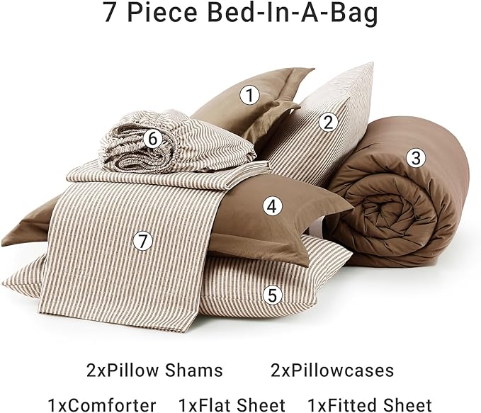 Monbix King Size Comforter Set - 7 Pieces Brown Prewashed Bed in a Bag King Bedding Sets with Comforters, All Seasons Ultra Soft Comforter Bed Set with Sheets,Pillowcases & Shams