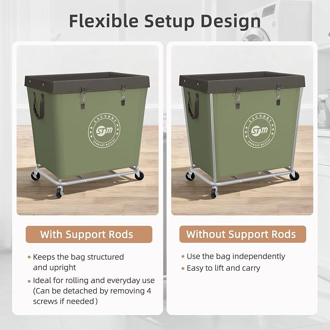 STORAGE MANIAC Commercial Laundry Hamper with Heavy Duty Steel Frame, 320 L Industrial Laundry Basket Cart with Wheels for Hotel, Home, Laundry Room, 31.7''L x 19.3''W x 30.91''H, Large Green - Image 6