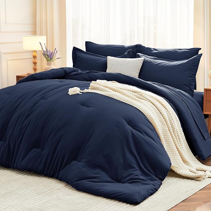 MUXHOMO 7 Pieces Full Comforter Set, Soft Bed in a Bag Full Size, All Season Bedding Set with Comforter, Flat Sheet, Fitted Sheet, Pillowcases & Shams, Navy Blue