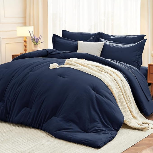 MUXHOMO 7 Pieces Full Comforter Set, Soft Bed in a Bag Full Size, All Season Bedding Set with Comforter, Flat Sheet, Fitted Sheet, Pillowcases & Shams, Navy Blue