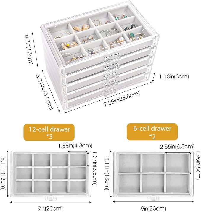 ProCase Earring Holder Organizer Jewelry Box with 5 Drawers, Acrylic Clear Earring Case with Adjustable Velvet Trays for Women - Grey, 5 Layers - Image 4
