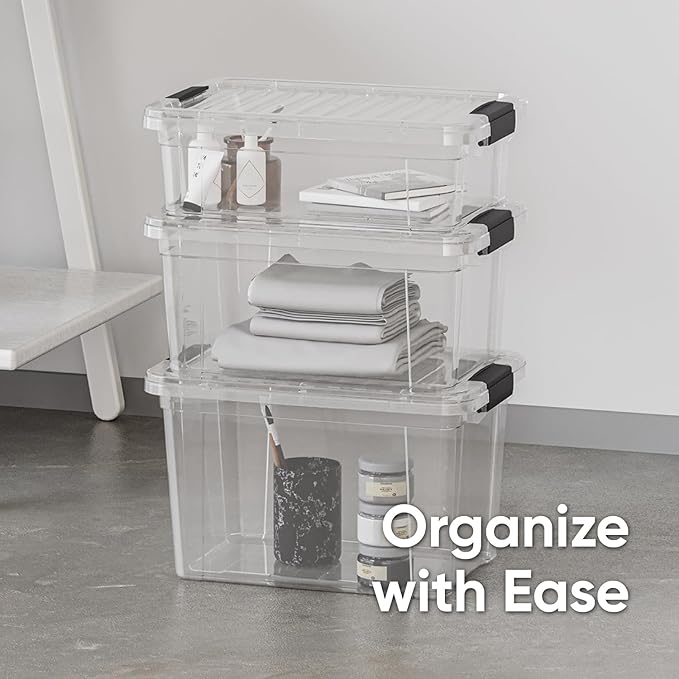 Superio Clear Storage Boxes with Lids, 8.7 Quart Plastic Container Bins for Organizing, Stackable Crates, BPA Free, Non Toxic, Odor Free, Organizers for Home, Office and Dorm, 6 Pack