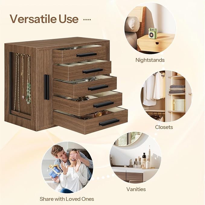 HOOBRO 5-Tier Jewelry Box, Wooden Jewelry Organizer with Transparent Windows, Jewelry Storage Box with 2 Vertical Drawers, for Earring, Necklace, Bracelet, Ring, Watch, Walnut and Black BH19JB04 - Image 6