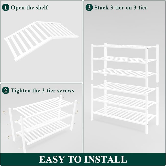 Smiry Bamboo Shoe Rack for Closet, 6 Tier Wooden Stackable Shoe Organizer, Free Standing Shoes Storage Shelf for Entryway, Front Door Entrance, White - Image 6