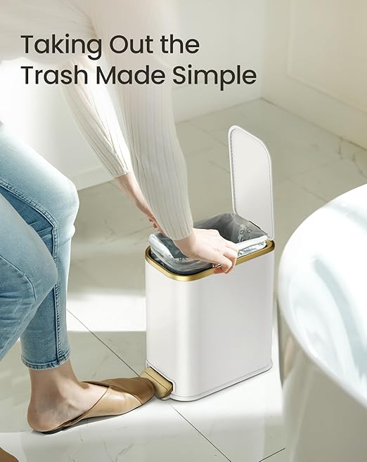 Cesun Small Bathroom Trash Can with Lid Soft Close, 5 Liter/1.3 Gallon Stainless Steel Garbage Can with Removable Inner Bucket, Step Pedal, Slim Waste Basket for Toilet, Office, Bedroom (White&Gold) - Image 6