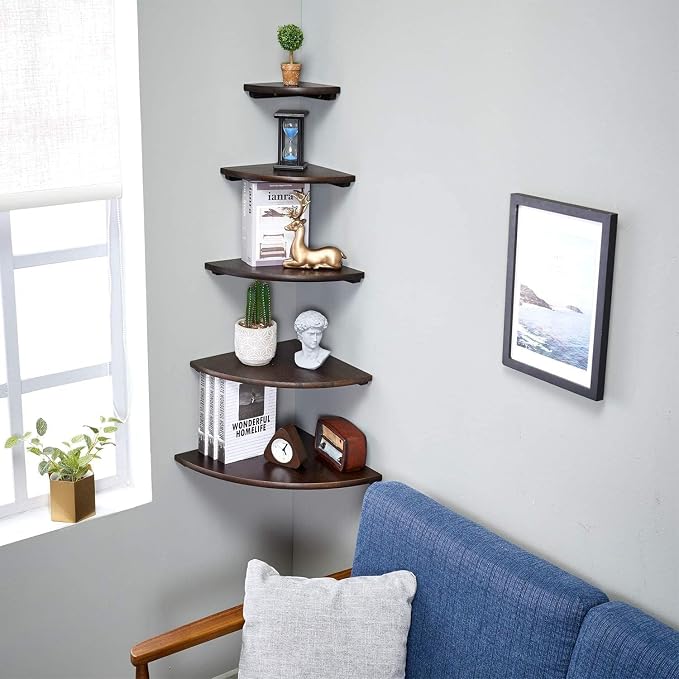 Corner Shelves, Floating Corner Shelf, Set of 2 16inch Solid Oak Wood Corner Wall Shelves, Round End with Wire Hole for Small Plant for Bedroom Kitchen, Living Room - Image 6
