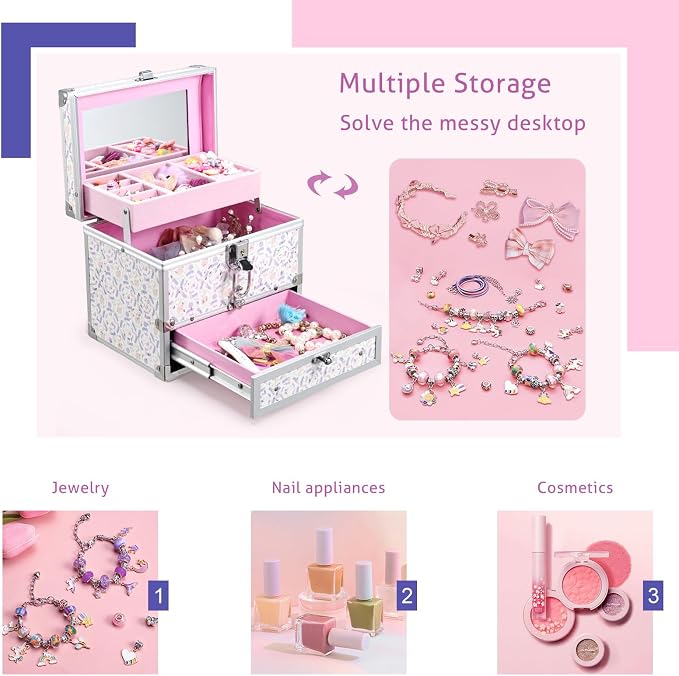 Hododou Girls Jewelry Box Organizer with Drawer & Mirror, Shiny Pink Style Lockable Storage Case for Kid or Little Girls Jewelry and Hair Accessories Lilac - Image 7