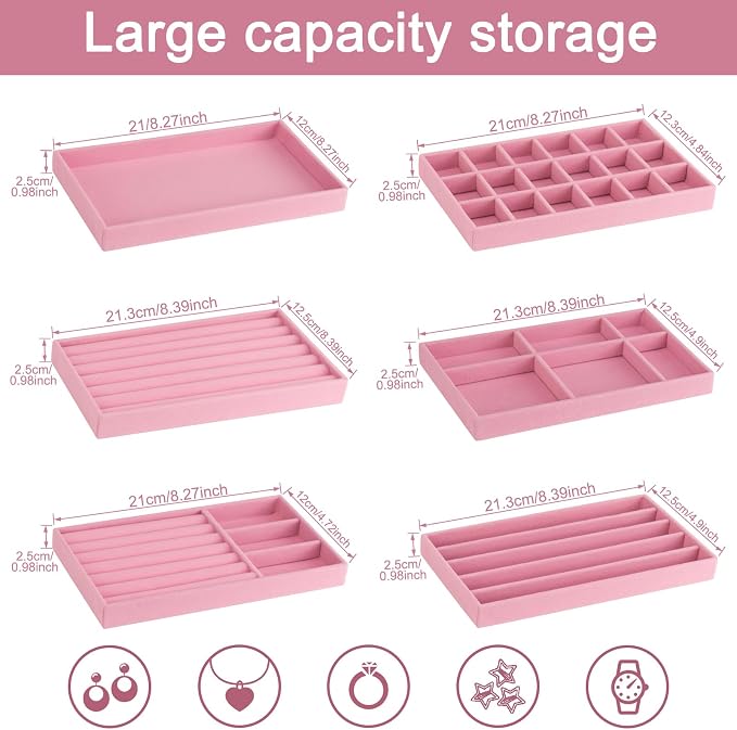 12Pcs Velvet Stackable Jewelry Trays, Jewelry Drawer Organizer, Large Removable Display Jewelry Tray, Necklace Bracelet Storage Box for Earring, Ring, Brooch, Watch (Pink) - Image 2