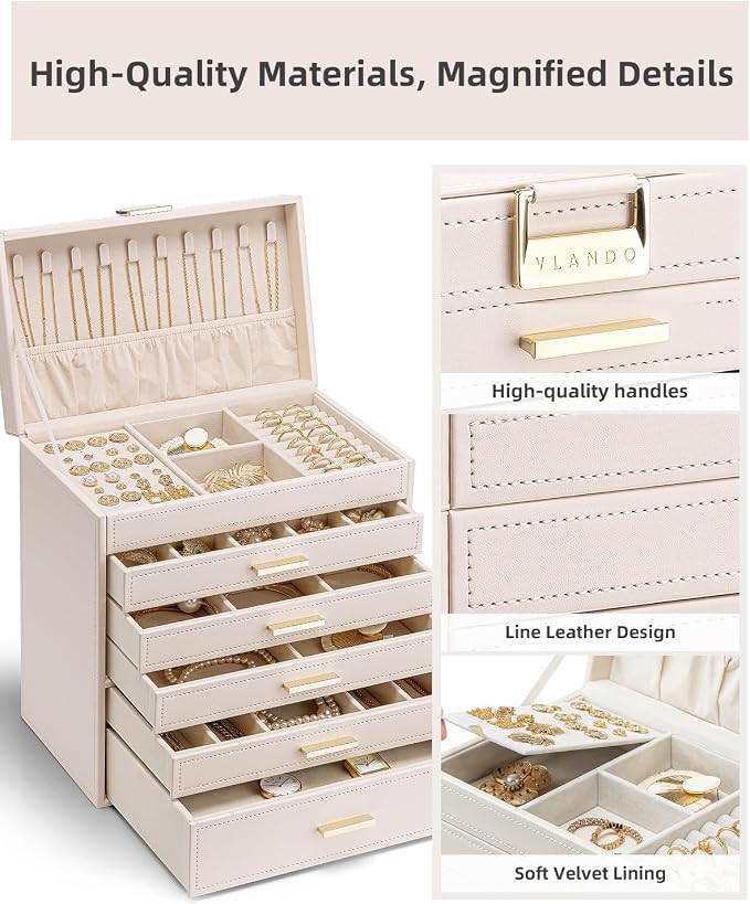 VLANDO 6 Layer Large Jewelry Box - Jewelry Holder Organizer, Jewelry Box Organizer for Drawer Necklace Ring Bracelet and Watch, Birthday Gift for Loved Ones - Pink - Image 4