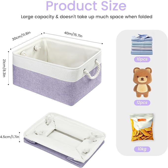 Large Storage Baskets- 15.7x11.8x8.26 inch Storage Bins for Shelves and Closet Organizing, Foldable Fabric Bin for Home Organization Clothes and Laundry (3-Pack, White&Purple) - Image 5