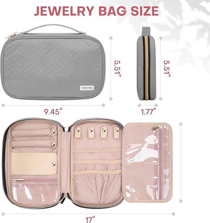 Jewelry Travel Case Organizer for Necklaces, Earrings, Rings, Bracelet, Watch, Soft Sided, Grey - Image 2