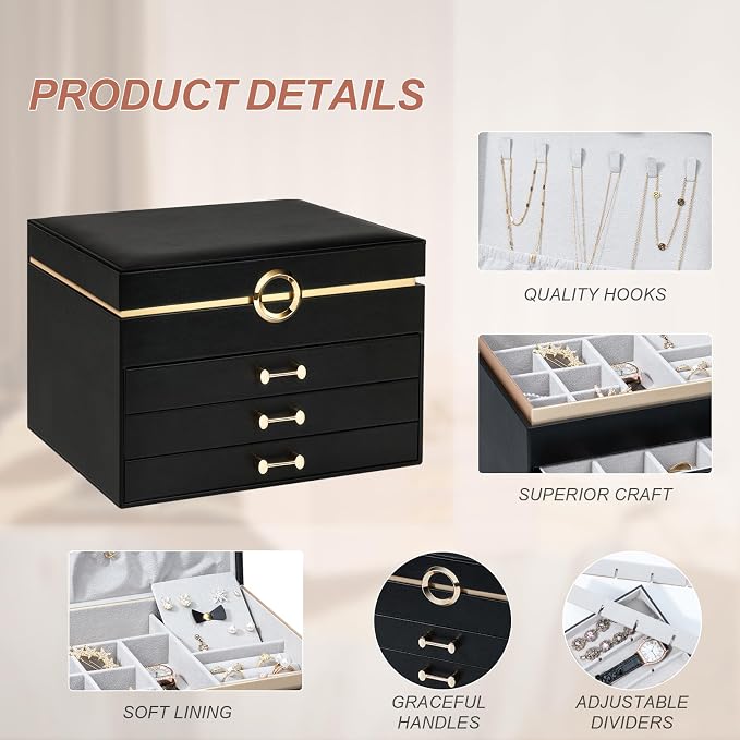 Jewelry Box，4-Layer Large Jewelry Organizers for Women with 3 Drawers,Storage Modern Style Jewelry Boxes Storage of Earrings Rings Bracelets Necklace（Black） - Image 5