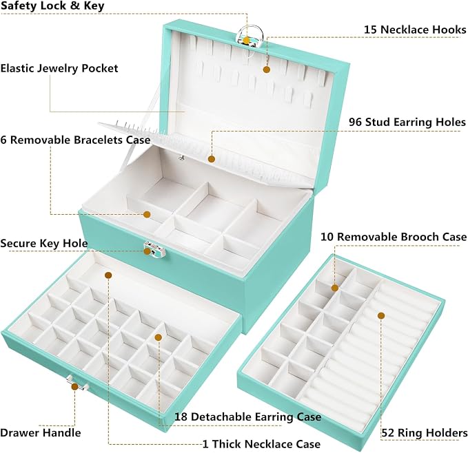 QBestry Earrings Jewelry Box for Girls, 5 Layers Jewelry Organizer with Earring Holder Organizer for Girls Earring Organizer Jewelry Boxes for Women Earrings and Necklaces Jewelry Box Organizer Teal - Image 7