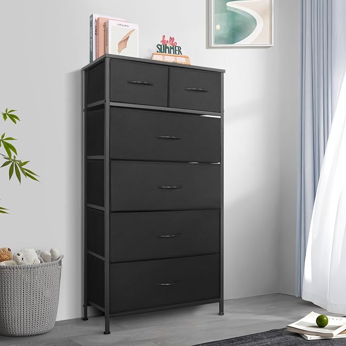 Mifuro Tall Dresser for Bedroom, Vertical Storage Organizer Tower with 6 Drawers, Chest of Drawers with Fabric Bins, Steel Frame, Wood Top for Bedroom, Closet, Entryway- Black - Image 2