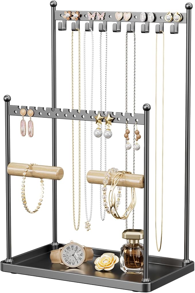 3 Tier Black Jewelry Stand, Necklace Organizer, Earring Holder with 44 Holes and 9 Hooks, for Necklaces, Bracelets, Rings by Josmimic