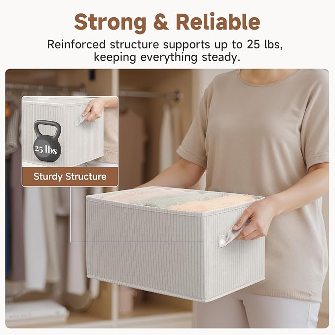 StorageWorks Foldable Shelf Organizer Bins, Closet Storage Baskets for Clothes, Fabric Storage Bins for Shelves, Beige Stripes, 3-Pack, Large - Image 7