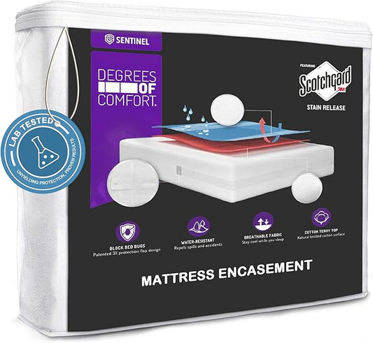 Degrees of Comfort Bed Bug Mattress Cover Queen Size - 6-8" Ultra-Low Profile 3M Scotchgard Waterproof Zippered Encasement Protector, Breathable Cotton Terry Top