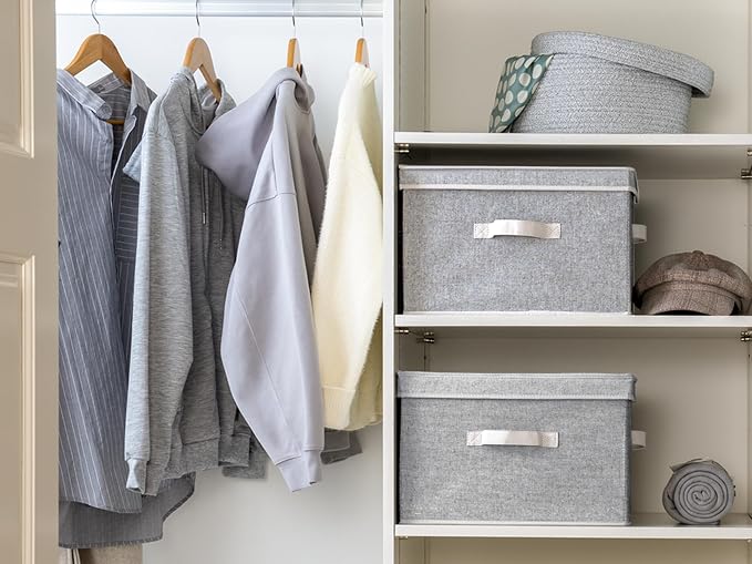 StorageWorks Fabric Storage Bins with Lid, Decorative Storage Boxes for Shelves, Stackable Closet Organizer Basket with Handles, Large, Gray, 2-Pack - Image 4