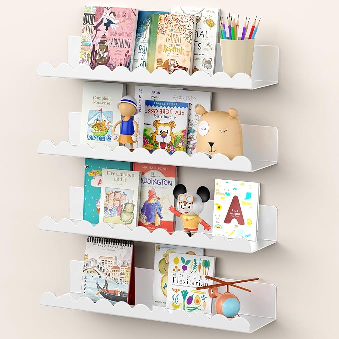 Nursery Book Shelves, 17 Inch Metal Floating Shelves for Wall 4 Pack, Scalloped Shelves, Wall Mounted Book Shelf for Kids Bedroom, Baby Room, Nursery Decor (White) by Gattlukd