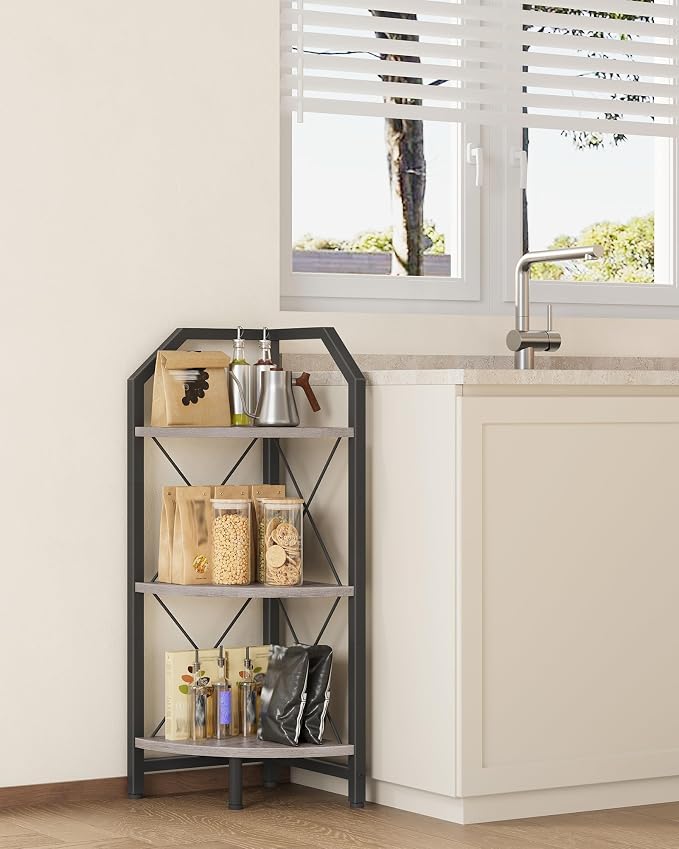 CHOEZON 3-Tier Corner Shelf, Industrial Corner Bookshelf, 35.4" Storage Stand, Plant Stand Display Shelf, Bookcase for Bedroom, Living Room, Home Office, Greige and Black TCJ03BG - Image 7