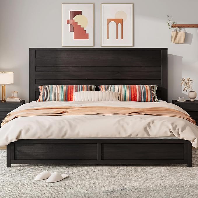 LUXOAK 3 Pcs Bedroom Furniture Sets - Includes Farmhouse King Size Bed Frame with 49" Tall Headboard and Nightstand Sets of 2 with Charging Station, Slated Handles & Stainless Steel Feet, Black