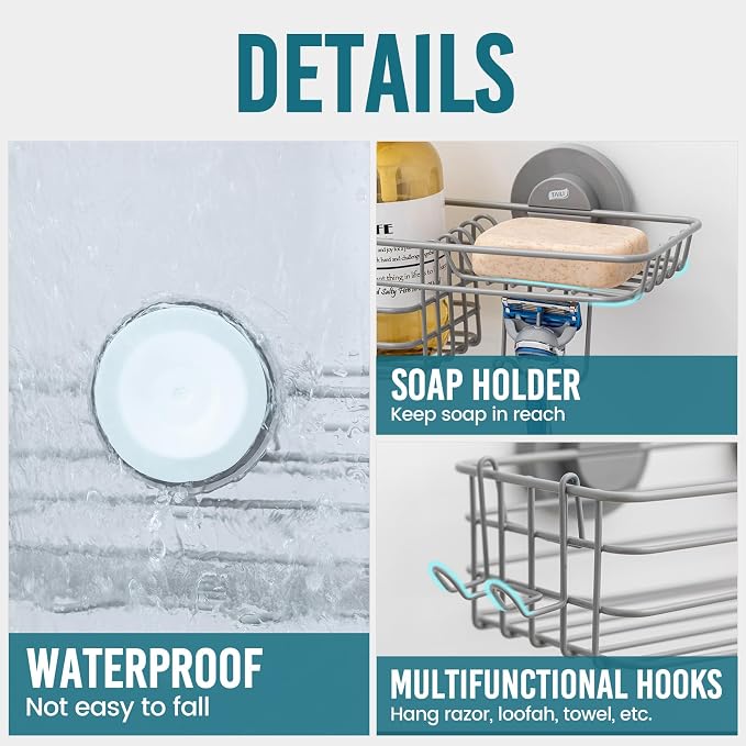 TAILI Shower Caddy Suction Cup 2 Pack with Hooks & Soap Holder, Heavy Duty Shower Organizer for Bathroom, No Drilling Bathroom Organizer with Large Capacity, Metal Storage Holder-Grey - Image 4