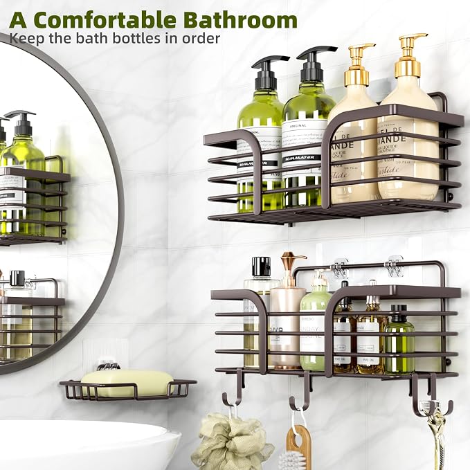 Yougai Shower Caddy, Shower Organizer with Soap Holder and Hooks, Rustproof Shower Shelves, No Drilling Bathroom Organizers and Storage, Wall-Mounted Kitchen & Home Decor (Brown) - Image 3