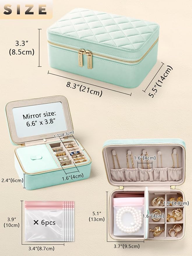 Velvet Travel Jewelry Box with Large Mirror, Double-Layer Jewelry Organizer Case for Women and Girls, Portable Storage Case with 6 Anti-Tarnish Bags Gift Ready for Her (Mint Green) - Image 2