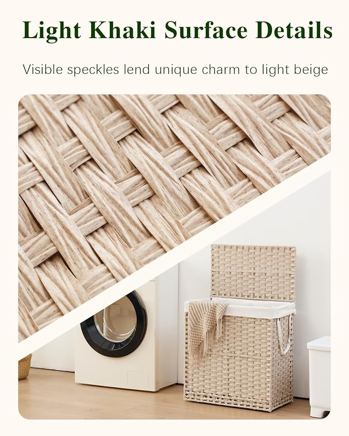 SETVSON Laundry Hamper with Lid Wicker Laundry Basket 112 L (29.6 Gal) Laundry Hampers Handwoven Rattan Clothes Hamper with Handles 3 Removable Liner Bag, 6 Mesh Bags for Bathroom Bedroom Light Khaki - Image 2