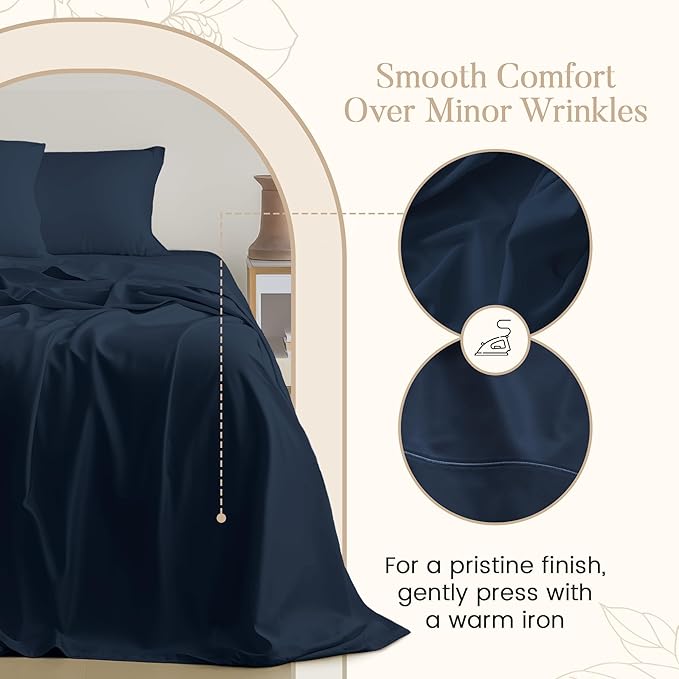 100% Egyptian Cotton Sheets Queen Size Set, 800TC Deep Pocket Queen Sheets Set, Soft Breathable Sateen Weave 4PC Elasticated Sheet & Pillowcase Sets, No Pill & Shrink, Fade Resistant- Dark Denim