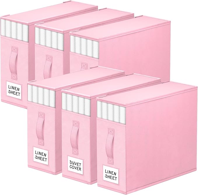StorageTastic 6 Pack Bed Sheet Closet Organizers and Storage,Sturdy Foldable Storage Containers with Window and Label,Storage and Organization for Bedding Sheets,Duvet Covers,Blankets (Pink) by StorageTastic
