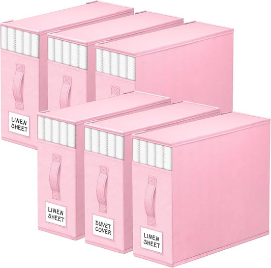 StorageTastic 6 Pack Bed Sheet Closet Organizers and Storage,Sturdy Foldable Storage Containers with Window and Label,Storage and Organization for Bedding Sheets,Duvet Covers,Blankets (Pink) by StorageTastic