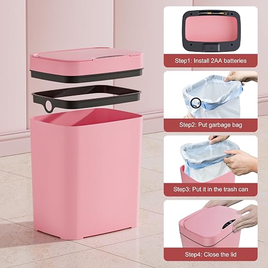 Vanpopubs 2 Pack 2.7 Gal Bathroom Trash Can with Lid, Automatic Trash Can Small Smart Garbage Can Touchless, Slim Motion Sensor Waterproof Plastic Trash Bins for Bedroom Office Kitchen Toilet Pink - Image 8