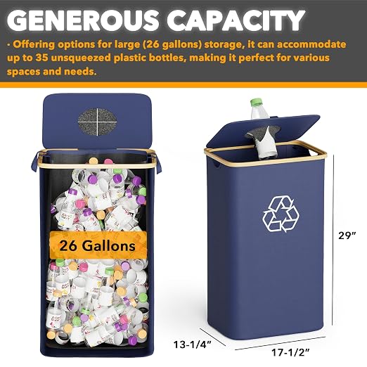 SpaceAid Recycling Bin for Kitchen 26 Gallon, 100L Recycle Bin with Lid and 2 Reusable Inner Bags, for Bottle Can Glass Plastic Stickers, Blue - Image 4
