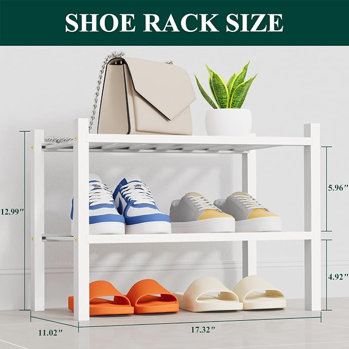 Smiry Shoe Rack, 2 Tier Thick Small Bamboo Shoe Organizer, Stackable Free Standing Wooden Shoe Storage Shelf for Closet, Entryway, Front Door Entrance, White - Image 2