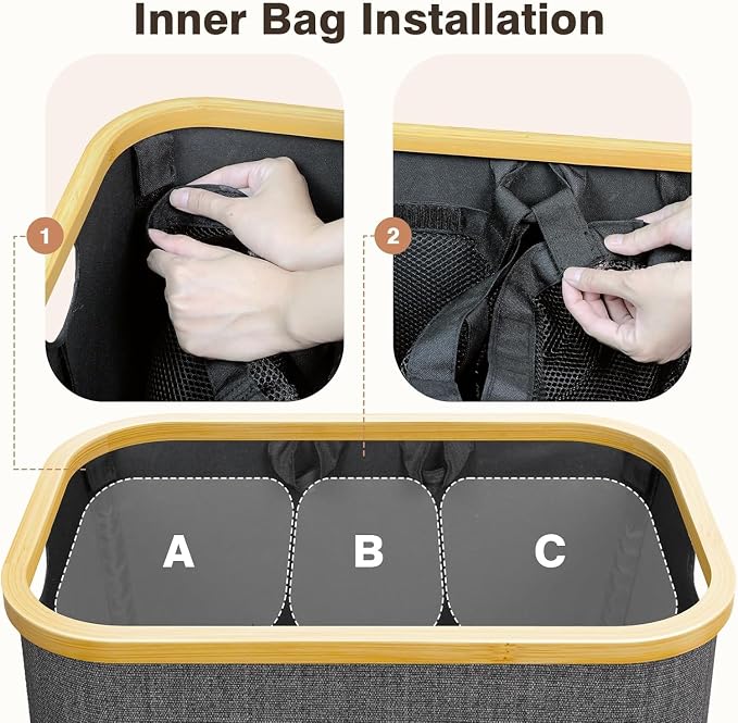 Laundry Hamper with Lid, 145L Extra Large Hamper 3 Section Dirty Clothes Hampers for Divided Basket Organizer for Bedroom, Laundry Room, Grey - Image 2