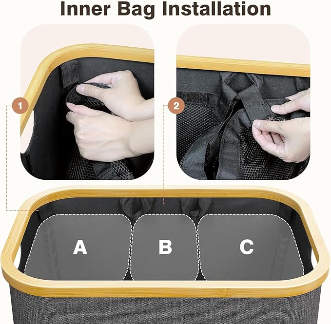 Hampers for Laundry Basket with Lid, 160L Extra Large 3 Section Clothes Divided Organizer for Bedroom, Laundry Room, Dirty Clothes Hamper, Grey - Image 2