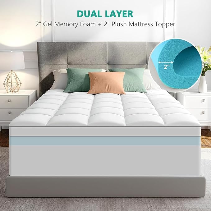 Dual Layer 4 Inch Memory Foam Mattress Topper Queen Size - 2 Inch Cooling Gel Memory Foam Plus 2 Inch Pillow Top Thick Mattress Pad - Pressure-Relieving Comfort