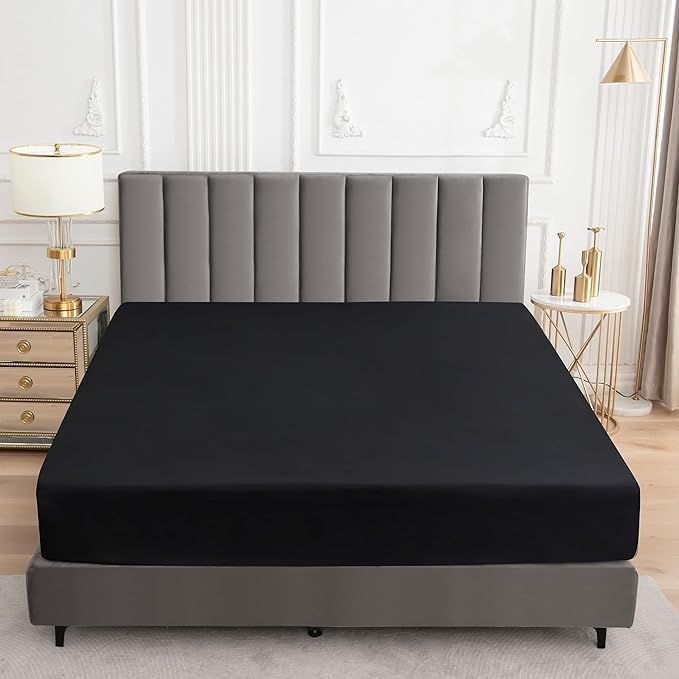 1 Piece Waterproof Mattress Protector Family King Size Fits Up to 18" Inch Deep Pocket Pad Cover Fitted Style Super Soft Terry Fabric Vinyl-Free Black Solid